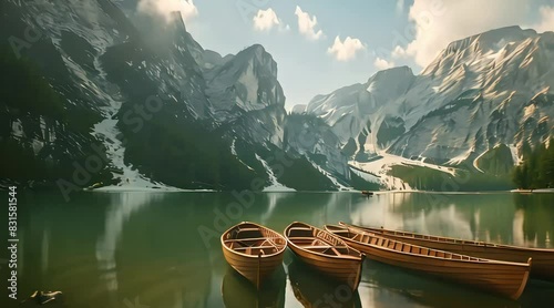 Boats on Lake Braies near the mountains. 4k video photo