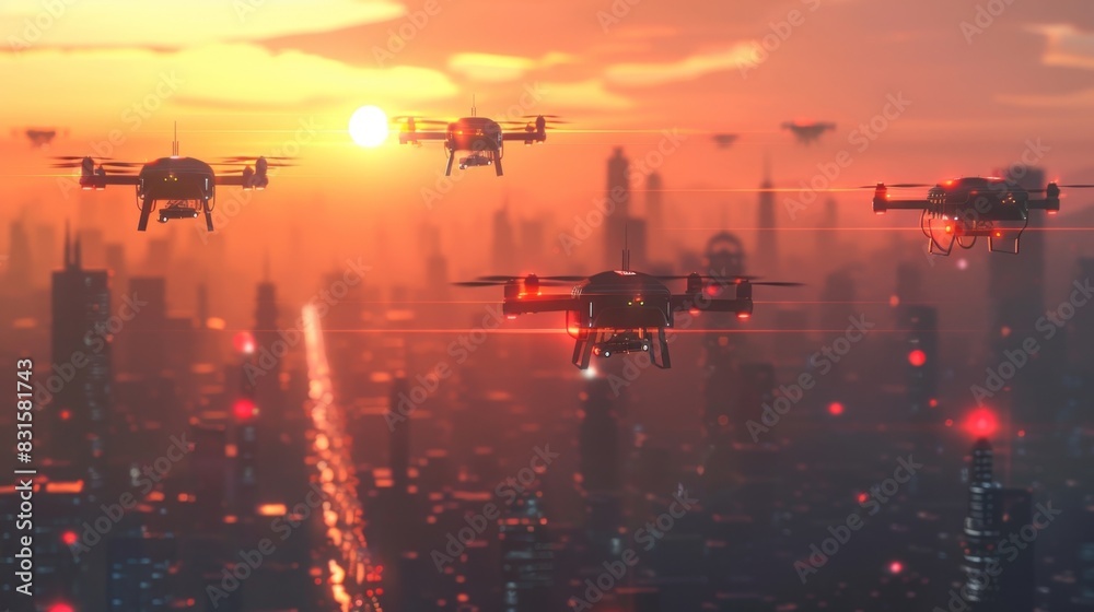 A fleet of air quality monitoring drones flying over the city collecting and transmitting data to a central database. A fleet of air quality monitoring drones flying over the city collecting and transmitting data to a central database.