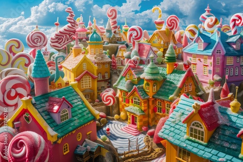 A colorful  whimsical candy village under a bright blue sky  featuring an array of candy-themed buildings and sweet landscapes.