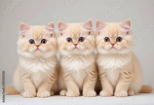 Three cute beautiful Persian kittens with blue eyes standing in a row on a light background, symbolizing innocence, friendship or cuteness photo