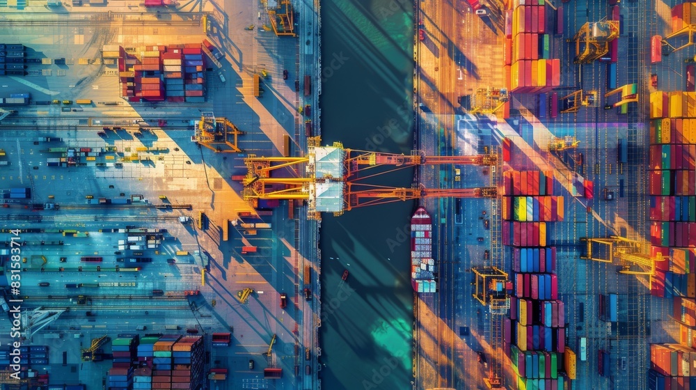 Aerial view of a busy shipping port with colorful containers and cranes, highlighting global trade, transportation, and logistics infrastructure.