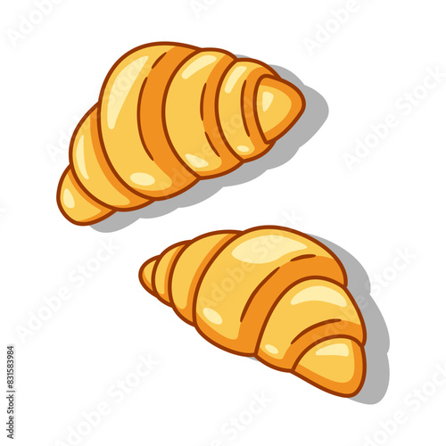 Two croissants bake puff pastry color flat design on white background. Vector illustration of bakery goods for poster label and menu bakery shop.