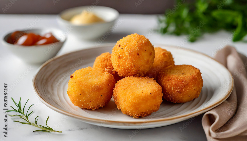 Crispy cheese croquettes arranged on white plate, kitchen background blurred Crispy cheese croquettes arranged on white plate, kitchen background blurred