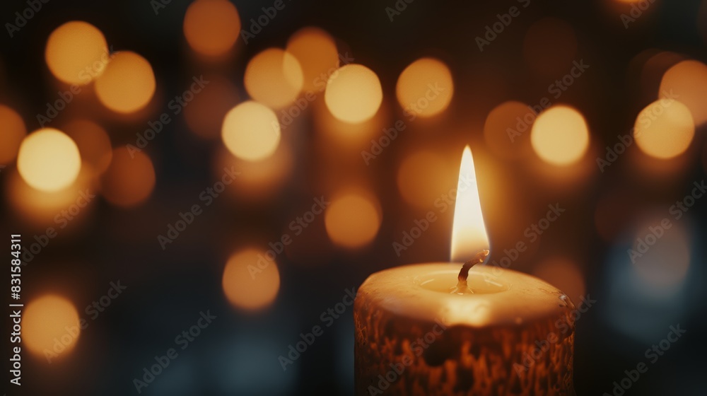 Single lit candle with bokeh lights in the background