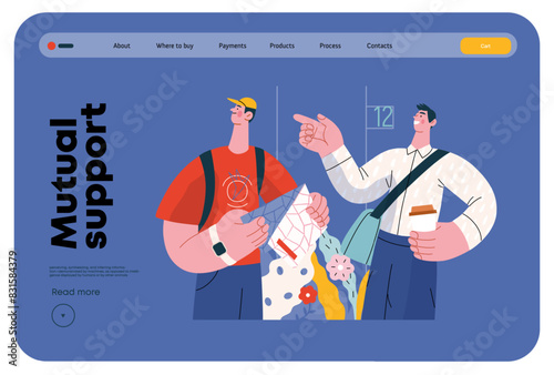 Mutual Support: Directing a passerby -modern flat vector concept illustration of man pointing the way to a tourist. A metaphor of voluntary, collaborative exchanges of resource, services