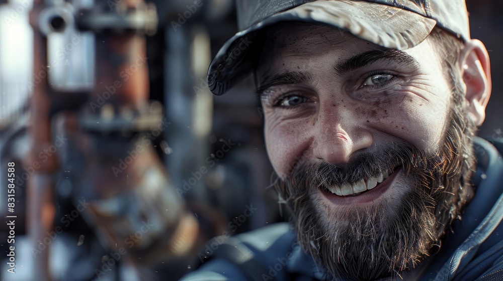 Portrait of a smiling bearded man wearing a cap with a blurred background of metal pipes and parts, suggesting an industrial or outdoor work environment. realistic hyperrealistic 