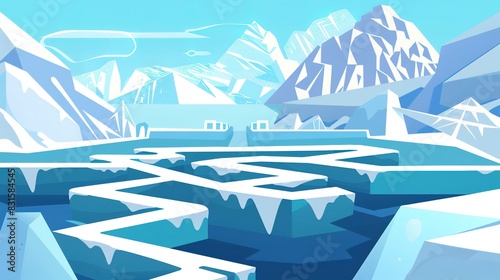 Iceberg maze flat design front view  ice and snow seascape  animation  analogous color scheme 