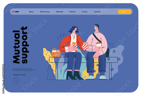 Mutual Support: Share food -modern flat vector concept illustration of woman offering half of her lunch to colleague in the park. A metaphor of voluntary, collaborative exchanges of resource, services