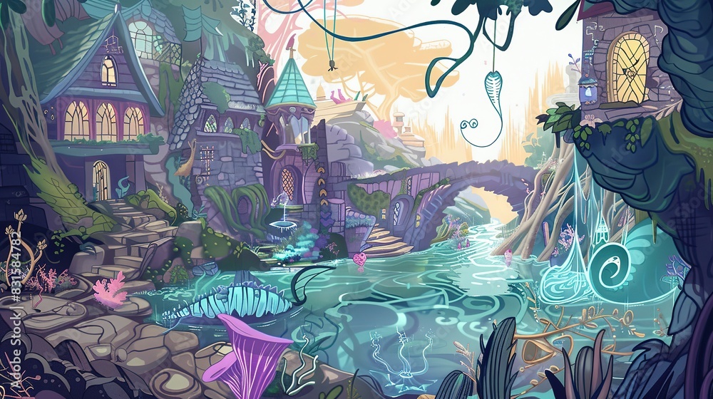 Hidden mermaid court flat design side view, hidden kingdoms, cartoon drawing, colored pastel 
