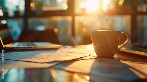 Coffee cup on a cluttered desk with papers and a laptop, backlit by morning sunlight. photo