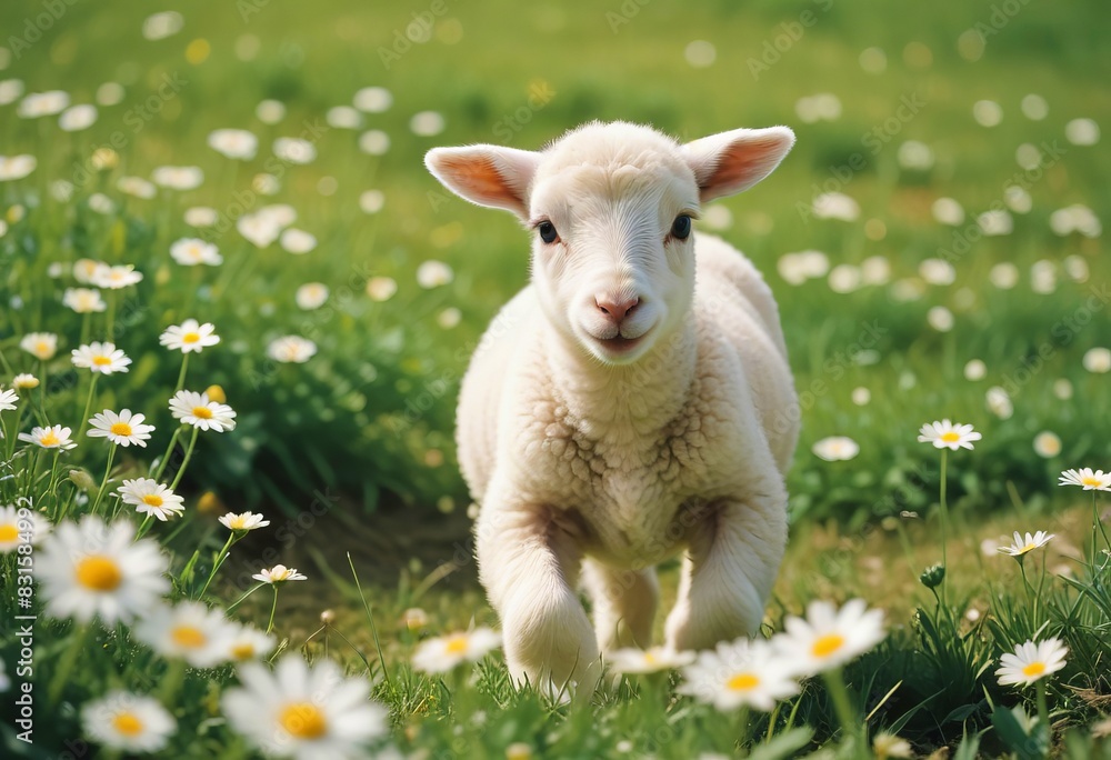 Fototapeta premium A charming spring lamb jumping merrily in a meadow with daisies, a symbol of new beginnings