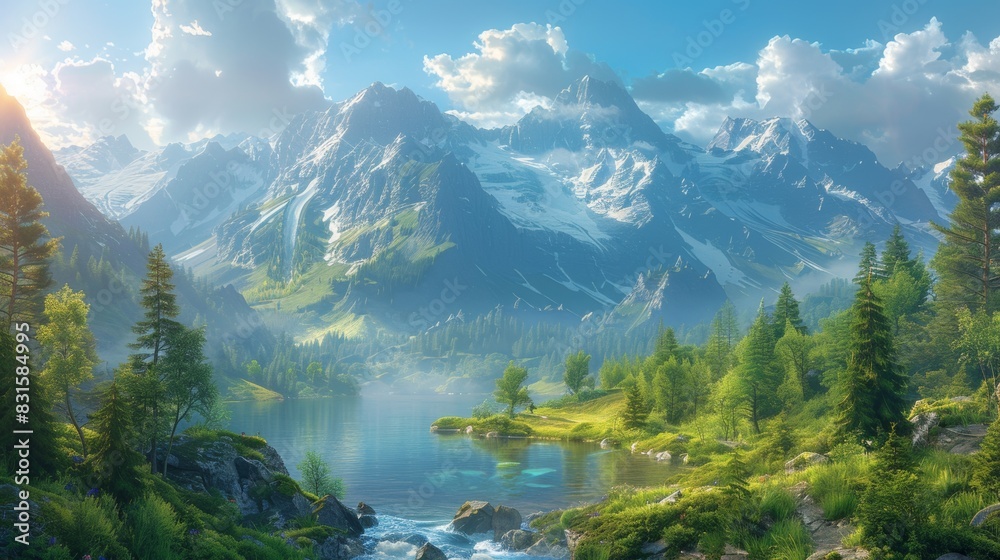 mountain landscape, a sunny day in the mountains, with the sun brightening the lush forests, sparkling streams, and towering peaks, creating a serene summer setting