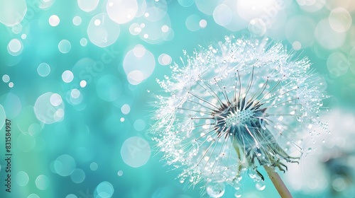 Dandelion Seeds in droplets of water on blue and turquoise beautiful background with soft focus in nature macro. Drops of dew sparkle on dandelion in rays of light.