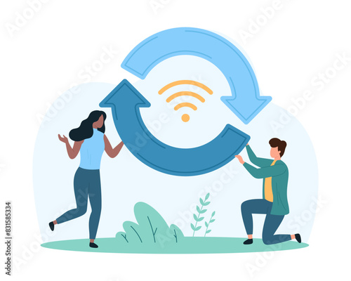 Refresh, synchronize or reset internet connection. Tiny people holding two circular arrows and wifi sign, rotate and move round graph to data and online signal reload cartoon vector illustration