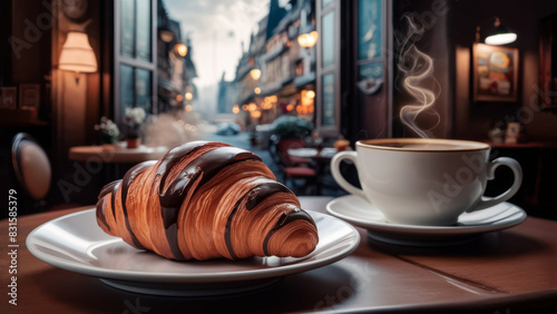 Morning Coffee and Chocolate Croissant in a Cozy Cafe.