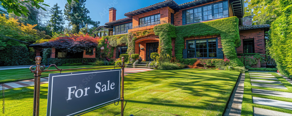Obraz premium Green Lawn Dream Home. For Sale Sign Displayed