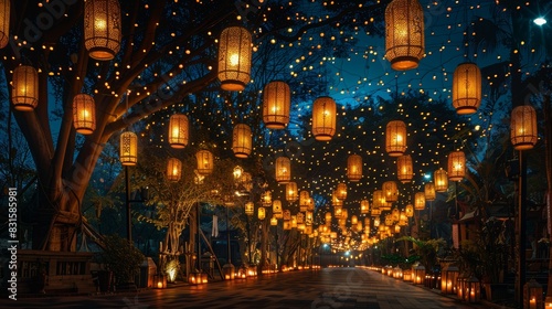 festival night illumination, lanterns candles illuminate the night sky for eid al-adha, casting a magical ambiance for holiday celebrations photo