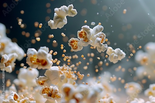 A macro shot of popping popcorn kernels in mid-air