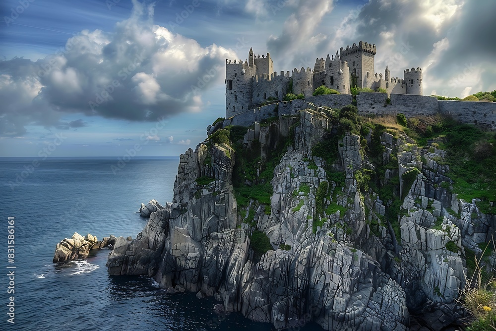 A majestic castle perched atop a rocky cliff overlooking the ocean.