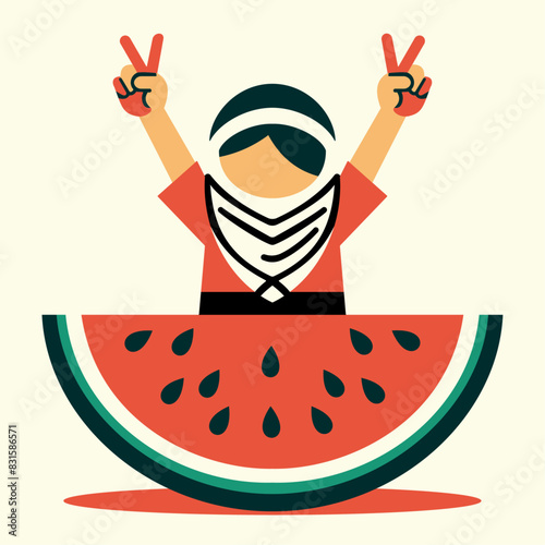 Palestinian Child with Watermelon: A Vibrant Vector Illustration Celebrating Prosperity, Victory, and Cultural Heritage with Joyful Peace Signs.
