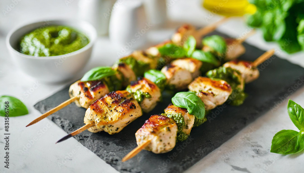pesto chicken skewers feature grilled chicken marinated in vibrant green basil pesto, served on a sleek white modern table, offering a fresh, flavorful dish with a touch of sophistication pesto chicken skewers feature grilled chicken marinated in vibrant green basil pesto, served on a sleek white modern table, offering a fresh, flavorful dish with a touch of sophistication