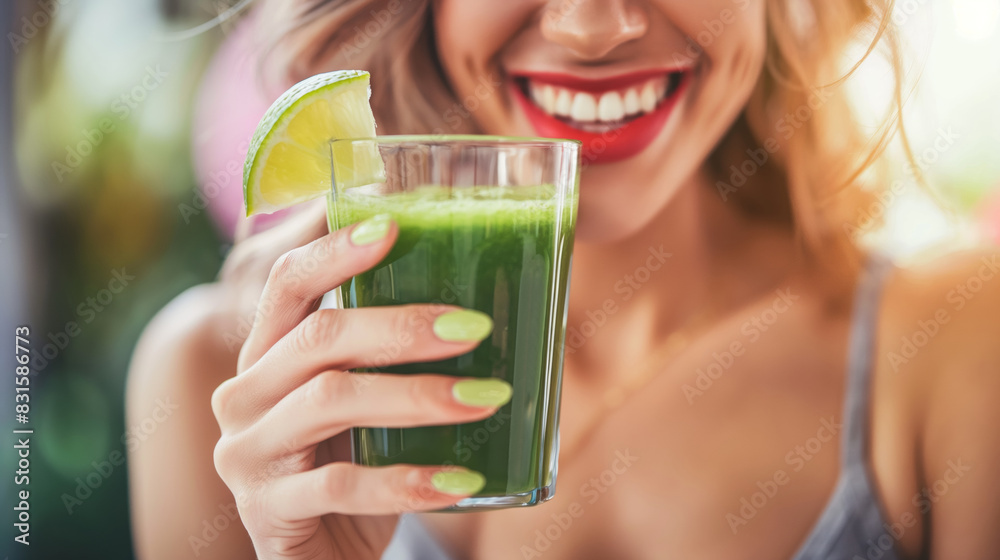 Woman enjoying a fresh green smoothie at outdoor cafe during daytime. Woman enjoying a fresh green smoothie at outdoor cafe during daytime.