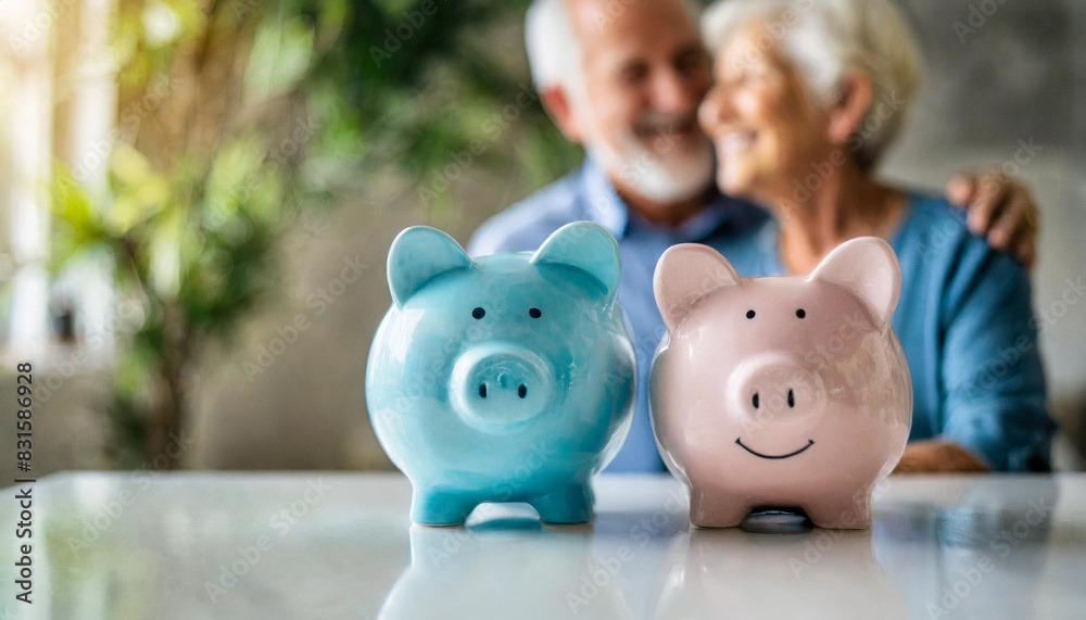 piggy bank on a white table, symbolizing savings, is in sharp focus, while an elderly couple in the background, out of focus, discusses their retirement finances