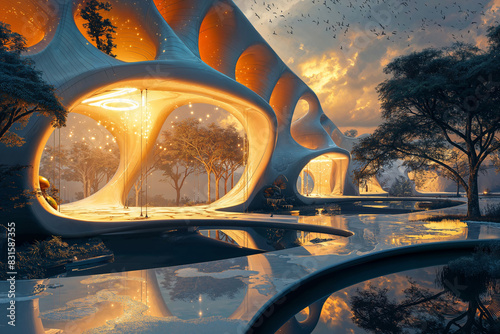 Innovative Futuristic Architecture Showcasing Organic Curves and Modern Houses by the Water
