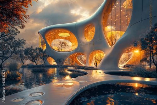 Innovative Organic Architecture Featuring Futuristic Curved Designs and Modern Houses in a Natural Setting