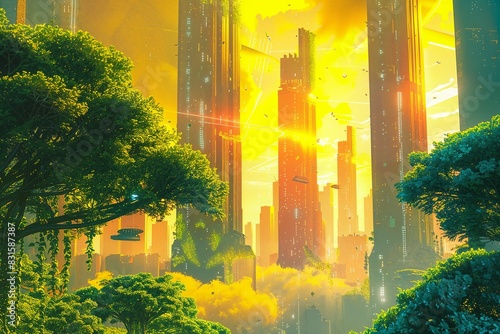 Surreal Futuristic City with Green Buildings and Panoramic Urban Skyline
