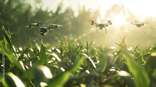 Three drones fly in formation over a futuristic farm capturing data on soil moisture levels and crop nutrient content. photo