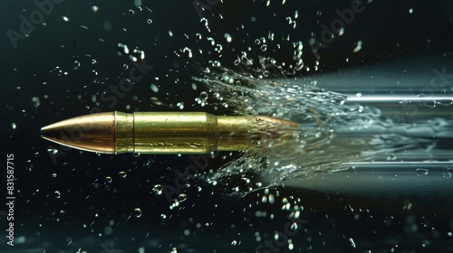 A high-speed bullet piercing through water, captured in stunning detail, showcasing the dynamics of motion and impact. © kittikunfoto