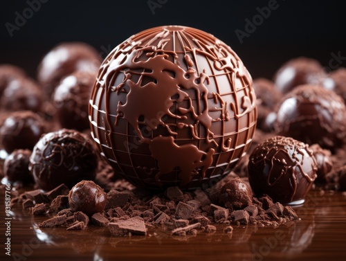 Delectable celebration: world chocolate day commemorated with a globe crafted from rich chocolate, a sweet symbol of global indulgence and culinary delight. photo