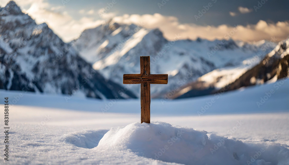wooden Christian cross stands in the middle of a snowy landscape with majestic mountains in the background, symbolizing faith and resilience. Blank space is provided for copy wooden Christian cross stands in the middle of a snowy landscape with majestic mountains in the background, symbolizing faith and resilience. Blank space is provided for copy