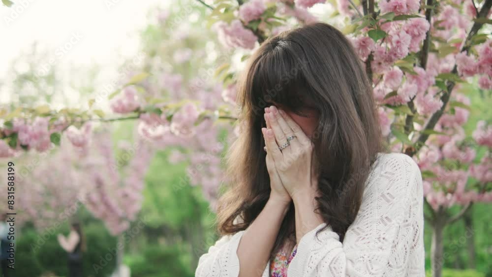 Sick brunette woman having runny nose and suffering from seasonal allergy near blooming sakura tree Sick brunette woman having runny nose and suffering from seasonal allergy near blooming sakura tree
