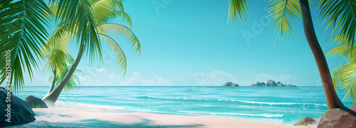 Beach with palm trees  ocean view  summer 3D background illustration concept --ar 25 9 - Image  4  farhanmalik