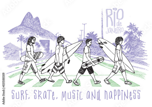 Colorful vector illustration in stripped style of surfers and skaters crossing a street in Rio de Janeiro city. Art in cartoon style.
