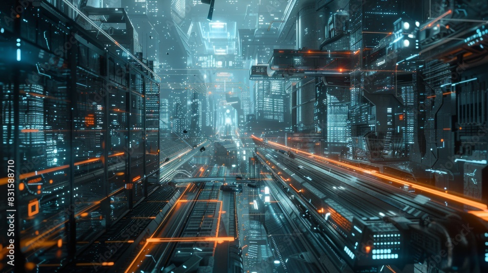 Futuristic neon-lit cyberpunk cityscape, with advanced technology and glowing holographic advertisements covering towering skyscrapers and busy streets.