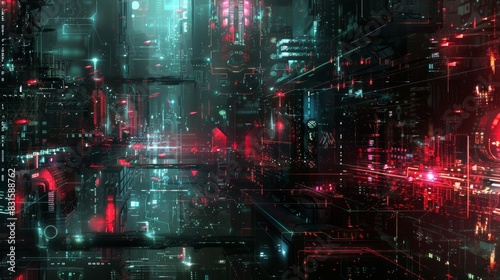 Futuristic cyberpunk cityscape with neon lights  holographic displays  and dense urban architecture  showcasing advanced technology and immersive digital environments.