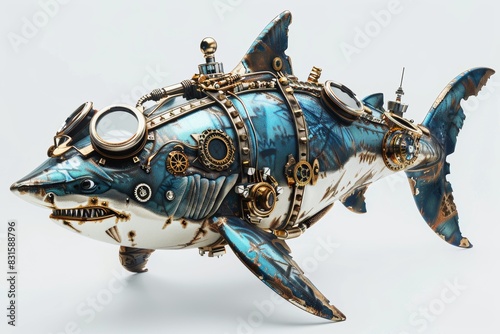 Steampunk-themed illustration of a shark adorned with intricate mechanical parts and gears  set against a textured background  perfect for posters and prints.