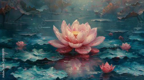 lotus flower painting, gentle brushstrokes gracefully blend in an oil painting of a lotus flower, symbolizing purity and enlightenment in zen philosophy