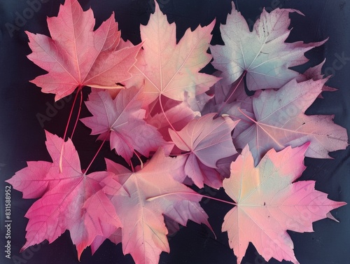 Colorful Gradient Maple Leaves on Dark Background. photo
