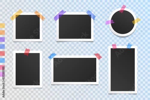 Vector illustration. Blank photo frames collection glued on colorful sticky tape. Realistic shadow effect. Design elements for advertisements, posters, book, magazine covers, layouts, flyers, banners