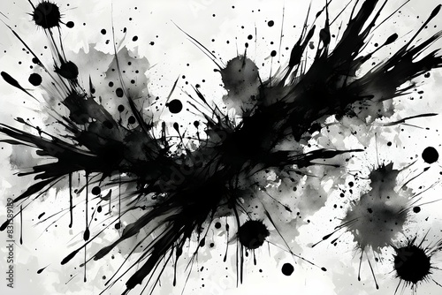 A black and white painting of a bat with black splatters of paint