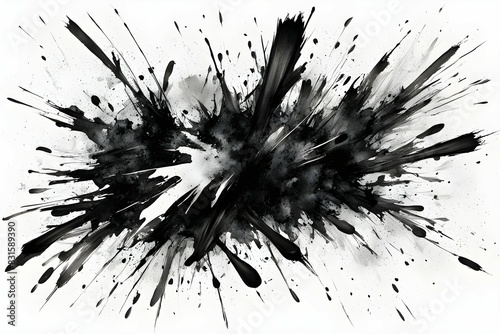 A black and white image of a splatter of ink on a white background