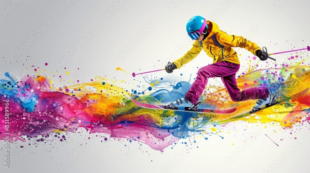 Fototapeta premium Dynamic abstract painting of skier mid jump, vibrant colors capture extreme winter sports excitement