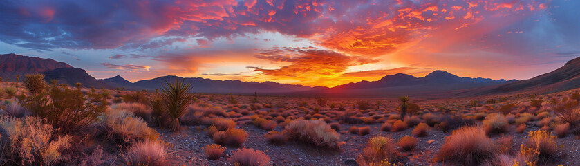 Crédence de cuisine Bordeaux A beautiful sunset over a desert landscape. The sky is filled with clouds and the sun is setting, casting a warm glow over the land. The scene is serene and peaceful  © Sunshine