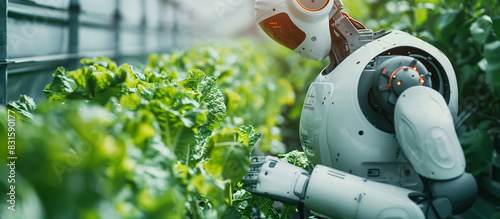 A robot is in a field of green plants. The robot is white and has red and orange lights on its head