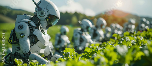 A group of robots are working in a field of green plants. The robots are all white and appear to be working together to tend to the plants. The scene is peaceful and serene