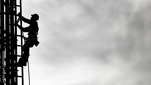 Silhouette of a construction worker at top structure wearing a hard hat in black and white with high contrast against a sky background